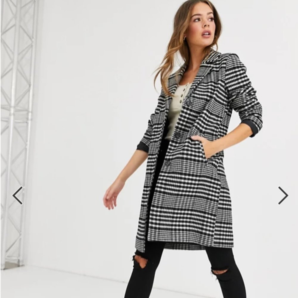 Black and White Plaid Wool Coat